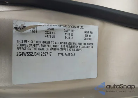 2004 Buick Century z USA, uszkodzony, nr VIN 2G4WS52J341239717